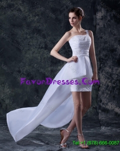 Cheap Affordable Column One Shoulder High low Wedding Dresses with Appliques