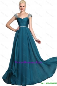 Gorgeous Beaded Teal Cap Sleeves Prom Dresses with Straps