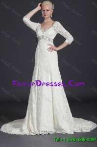 Pretty Beautiful Empire Lace White Long Wedding Dresses with Court Train for 2015