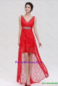 Pretty V Neck Laced and Beaded Red Prom Dresses with High Low