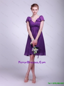 Brand New Short V Neck Ruching Purple Cap Sleeves Prom Dresses for 2016