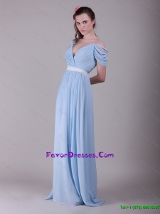 Exclusive Spaghetti Straps Light Blue Prom Dresses with Ruching and Belt