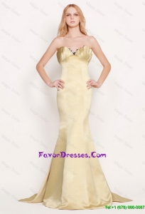 Latest Mermaid Sweetheart Gold Prom Dresses with Brush Train