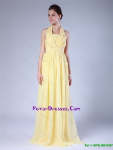 New Arrivals Halter Top Yellow Prom Dresses with Brush Train