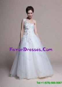 Beautiful Affordable A Line One Shoulder Appliques Wedding Dresses in Tulle