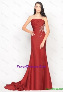 Beautiful Column Strapless Rust Red Prom Dresses with Brush Train