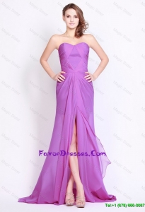 Beautiful Perfect Sweetheart Lilac High Slit Prom Dresses with Brush Train