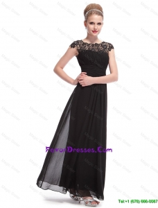 Cheap Beautiful Bateau Black Prom Dresses with Lace and Ruching