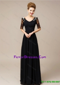 Cheap Gorgeous Half Sleeves Laced Black Prom Dresses with V Neck