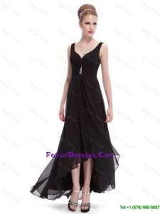 Cheap Popular Beaded Straps Black Prom Dresses with High Low