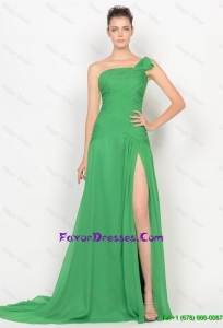 Pretty Cheap High Slit One Shoulder Prom Dresses with Brush Train