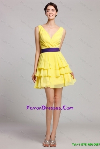 Cheap Best Selling Short V Neck Ruffled Layers Prom Gown in Yellow