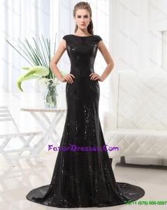 Beautiful Column Bateau Brush Train Sequins Prom Dresses in Black