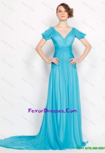 Classical V Neck Brush Train Ruched Prom Dresses in Aqua Blue