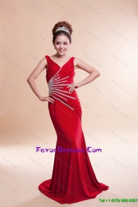 Most Popular V Neck Column Brush Train Red Prom Dresses