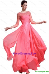 Pretty Beautiful Bateau Coral Red Prom Dresses with 3/4-length Sleeves