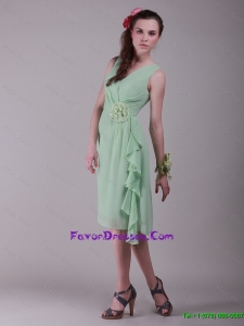 Beautiful Cheap Empire V Neck Hand Made Flowers Prom Dresses in Apple Green