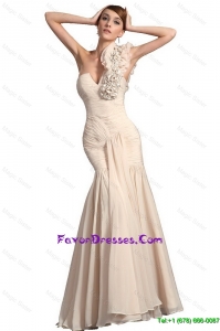 Champagne Mermaid Prom Gowns with Hand Made Flowers