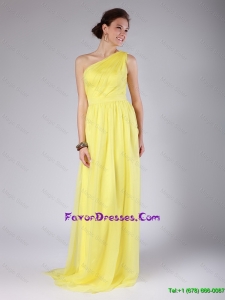 Cheap Elegant One Shoulder Sashes Yellow Prom Dresses with Sweep Train for 2016