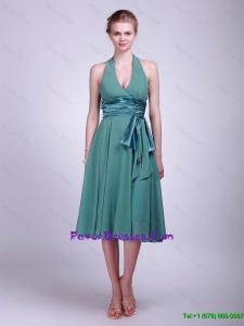 Discount Halter Top Short Turquoise Prom Dresses with Ribbons