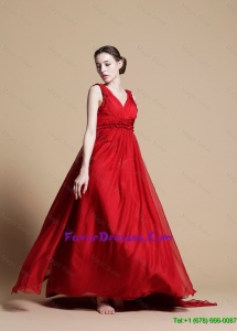 Fashionable Empire V Neck Brush Train Prom Dresses with Hand Made Flowers