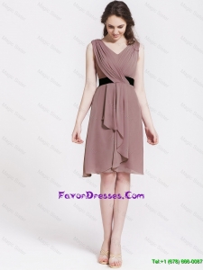 Perfect Gorgeous Short V Neck Ruching and Belt Prom Dresses in Brown for 2016