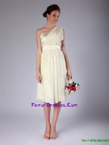 Pretty Knee Length One Shoulder Prom Gowns in Light Yellow