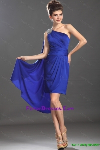 Beautiful Column One Shoulder Blue Prom Dresses with Beading