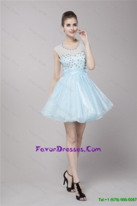 Beautiful Fashionable Scoop Light Blue Prom Dresses with Beading