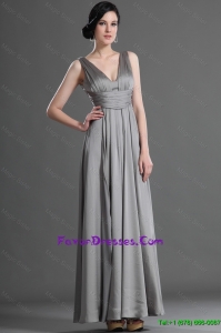 Beautiful V Neck Ruching Taffeta Prom Dress in Grey for 2016