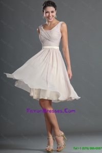 Cheap Customized Short Ruching and Belt Prom Dresses in Champagne