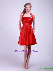 Cheap Inexpensive Short Ruched Red Prom Dresses with Halter Top
