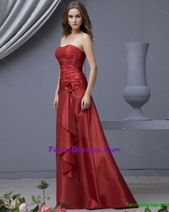 Modern Column Strapless Prom Dresses with Ruching and Hand Made Flowers