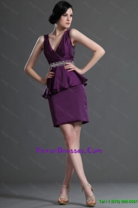 Pretty Most Popular V Neck Short Eggplant Purple Prom Dresses with Beading