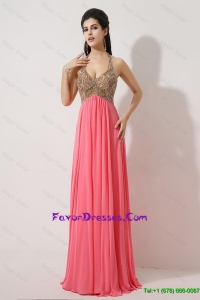 Cheap Gorgeous Halter Top Brush Train Prom Dresses in Watermelon Red