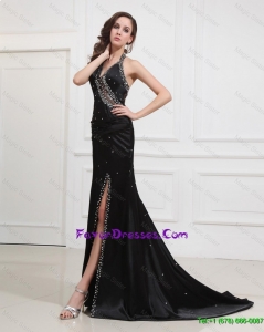 Classical 2016 Halter Top Black Prom Dresses with Beading and High Slit