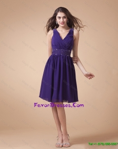 Comfortable V Neck Beading Short Prom Dress in Eggplant Purple