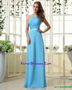 Elegant Wonderful One Shoulder Belt and Ruffles Aqua Blue Long Prom Dresses