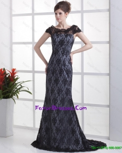 Luxurious Gorgeous Column Lace Black Prom Dresses with Brush Train