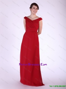 New Arrival V Neck Wine Red Long Prom Dress with Ruching
