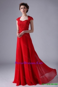 V Neck Lace and Red Prom Dresses with Beading and Lace