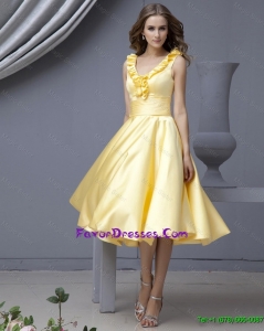 Cheap Perfect V Neck Yellow Short Prom Dresses with Ruffles for 2015 Autumn