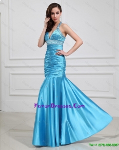 Beautiful Sweet Mermaid Halter Top Prom Dresses with Beading in Baby Blue