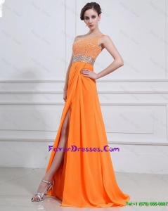 Cheap Exquisite Beading and High Slit Orange Prom Dresses with Brush Train