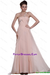 Elegant Discount Beaded Brush Train Prom Gowns with One Shoulder