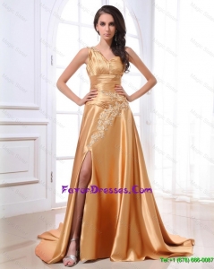 Prett Gorgeous Ruching and Appliques Gold Prom Dresses with Brush Train