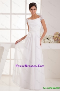 Pretty Most Popular Square Ruching Lace White Prom Dresses with Cap Sleeves