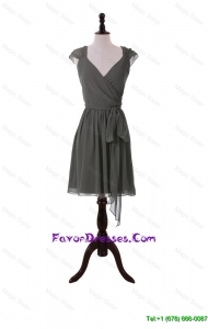 Classical V Neck Grey Short Prom Dresses with Sashes