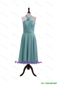 Simple Ruching and Hand Made Flower Halter Top Prom Dresses for Homecoming