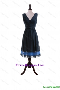 Elegant A Line V Neck Prom Dresses with Belt in Navy Blue